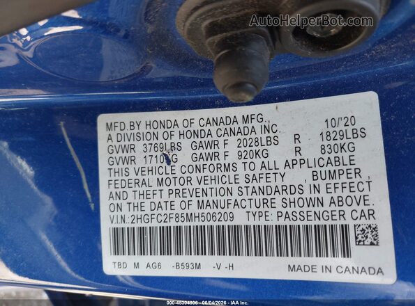 2HGFC2F85MH506209 2021 HONDA CIVIC Синий Вид подкапотного пространства