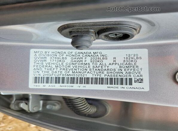 2HGFC2F85MH532521 2021 HONDA CIVIC Silver Շարժիչի բաժամունքի տեսք