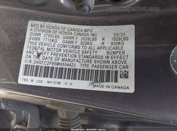 2HGFC2F85MH554423 2021 HONDA CIVIC Gray Widok komory silnika
