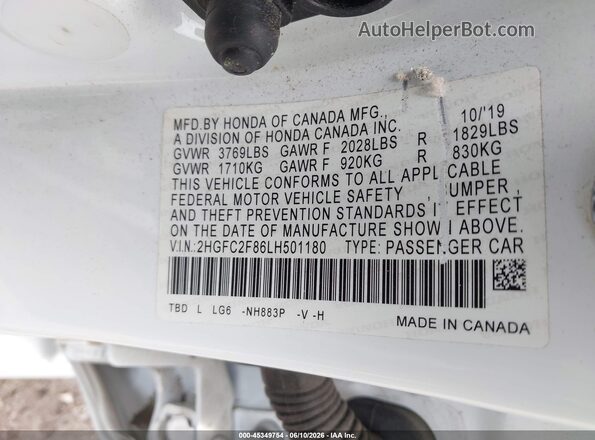 2HGFC2F86LH501180 2020 HONDA CIVIC White Engine compartment view