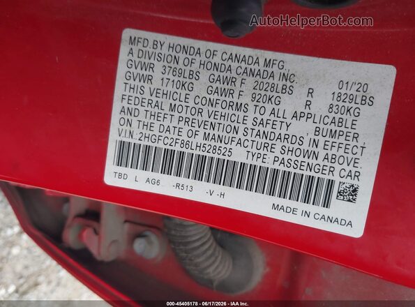 2HGFC2F86LH528525 2020 HONDA CIVIC Red Widok komory silnika