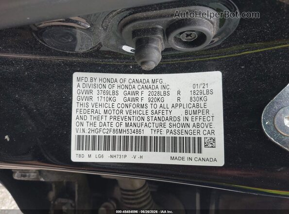 2HGFC2F86MH534861 2021 HONDA CIVIC Черный Вид подкапотного пространства