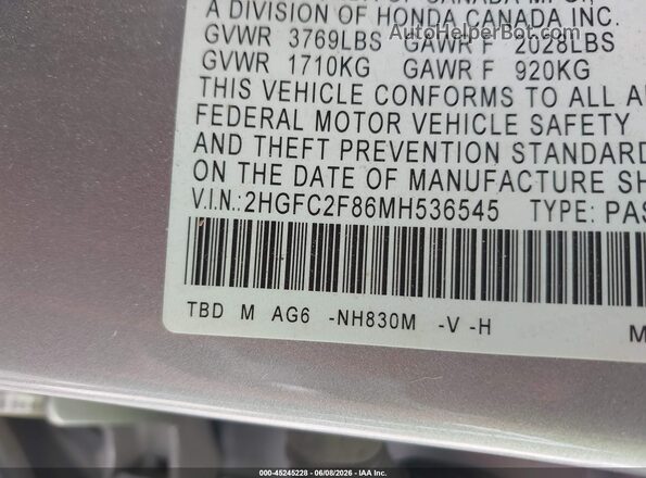 2HGFC2F86MH536545 2021 HONDA CIVIC Silver Widok komory silnika