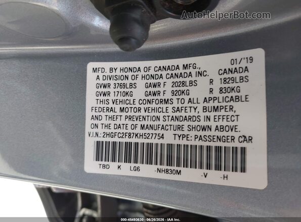 2HGFC2F87KH527754 2019 HONDA CIVIC Silver ძრავის განყოფილების ხედი