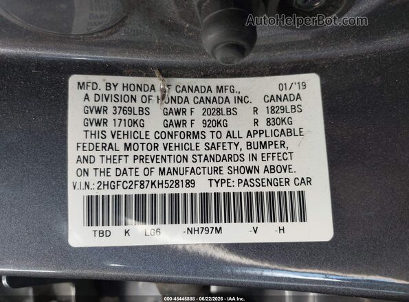2HGFC2F87KH528189 2019 HONDA CIVIC Gray Engine compartment view