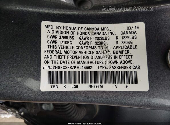 2HGFC2F87KH546692 2019 HONDA CIVIC Gray Вид підкапотного простору