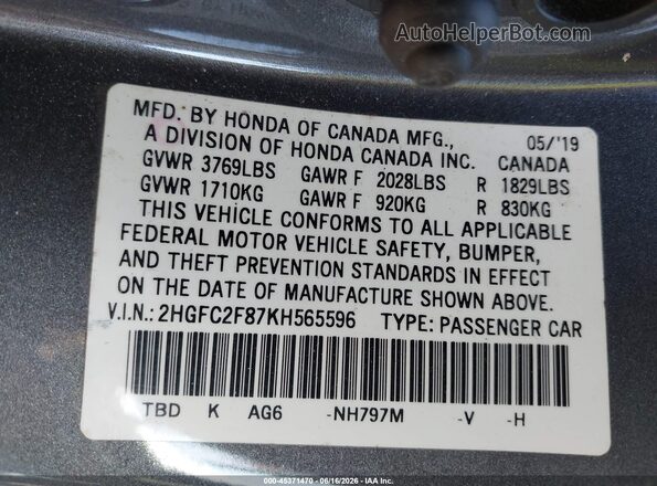 2HGFC2F87KH565596 2019 HONDA CIVIC Gray Widok komory silnika