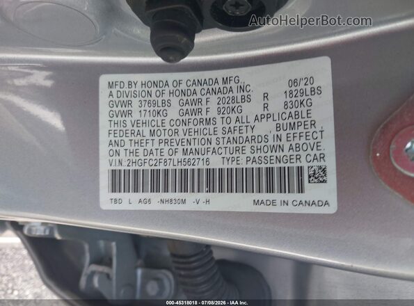 2HGFC2F87LH562716 2020 HONDA CIVIC Silver Widok komory silnika