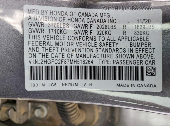2HGFC2F87MH518264 2021 HONDA CIVIC Charcoal 