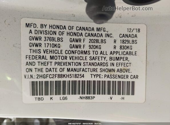 2HGFC2F88KH518254 2019 HONDA CIVIC White Vista del compartimento del motor