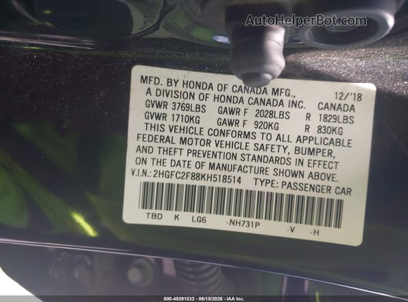 2HGFC2F88KH518514 2019 HONDA CIVIC Black Engine compartment view