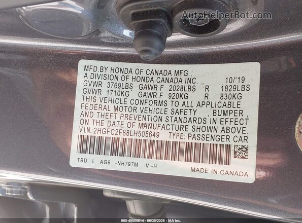 2HGFC2F88LH505649 2020 HONDA CIVIC Gray Vista del compartimento del motor