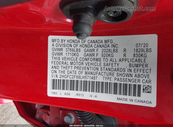 2HGFC2F88LH571487 2020 HONDA CIVIC Red Engine compartment view