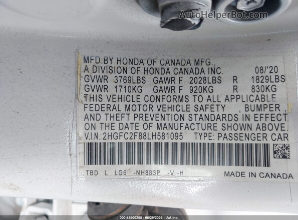 2HGFC2F88LH581095 2020 HONDA CIVIC White Widok komory silnika