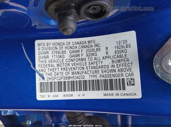 2HGFC2F88MH534232 2021 HONDA CIVIC Blue Vista del compartimento del motor