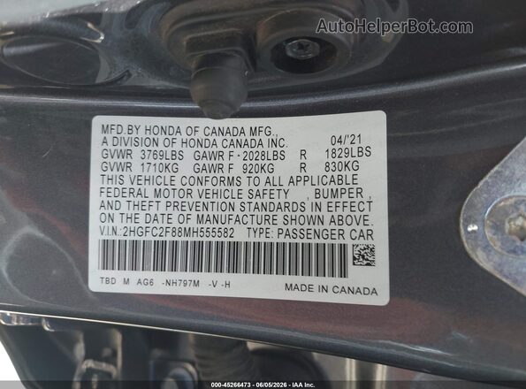 2HGFC2F88MH555582 2021 HONDA CIVIC Gray Engine compartment view