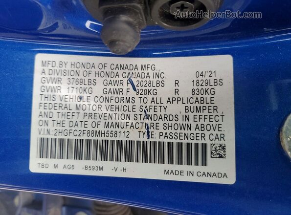 2HGFC2F88MH558112 2021 HONDA CIVIC Blue Engine compartment view