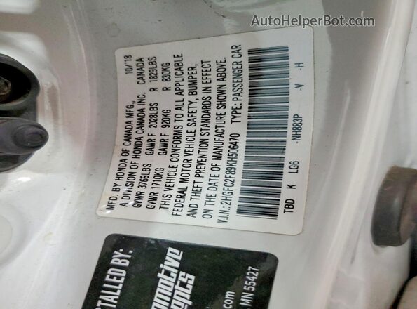 2HGFC2F89KH506470 2019 HONDA CIVIC White Widok komory silnika
