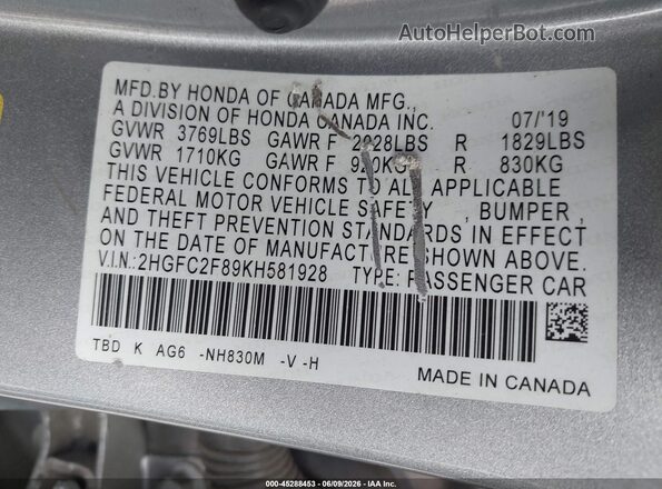 2HGFC2F89KH581928 2019 HONDA CIVIC Silver Vista del compartimento del motor