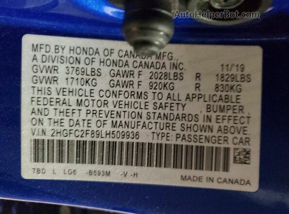 2HGFC2F89LH509936 2020 HONDA CIVIC Blue Вид підкапотного простору
