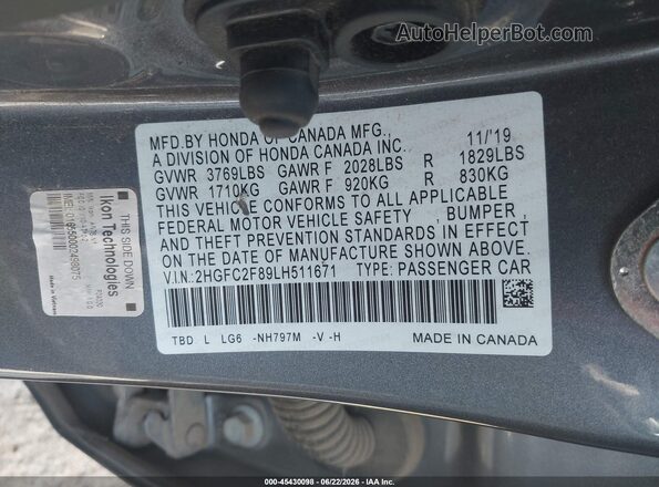 2HGFC2F89LH511671 2020 HONDA CIVIC Gray Widok komory silnika