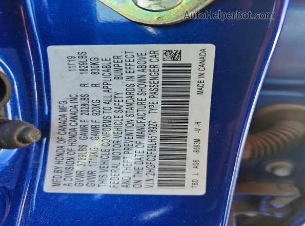 2HGFC2F89LH518927 2020 HONDA CIVIC Blue Շարժիչի բաժամունքի տեսք