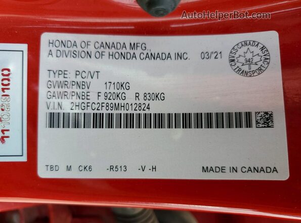 2HGFC2F89MH012824 2021 HONDA CIVIC Red Вид підкапотного простору