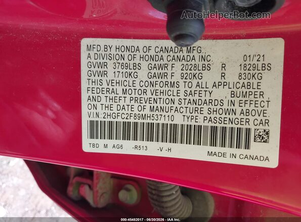 2HGFC2F89MH537110 2021 HONDA CIVIC Red Vista del compartimento del motor