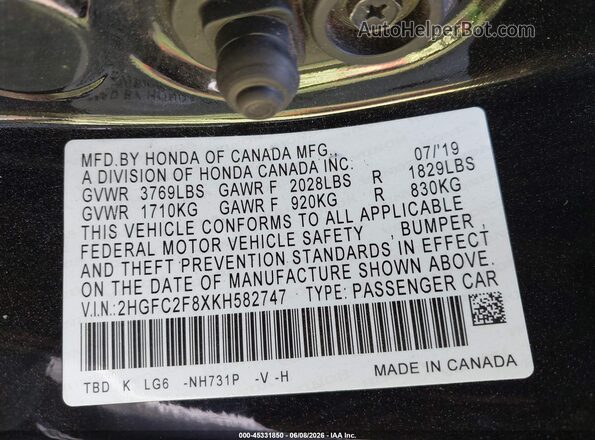 2HGFC2F8XKH582747 2019 HONDA CIVIC Черный 