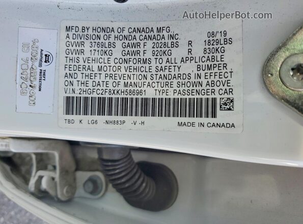 2HGFC2F8XKH586961 2019 HONDA CIVIC White 