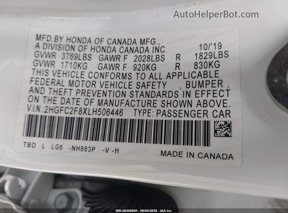 2HGFC2F8XLH506446 2020 HONDA CIVIC Белый 