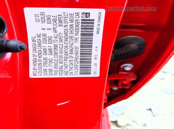 2HGFC2F8XLH543187 2020 HONDA CIVIC Красный Вид подкапотного пространства