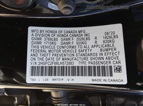 2HGFC2F8XLH572883 2020 HONDA CIVIC Black Շարժիչի բաժամունքի տեսք