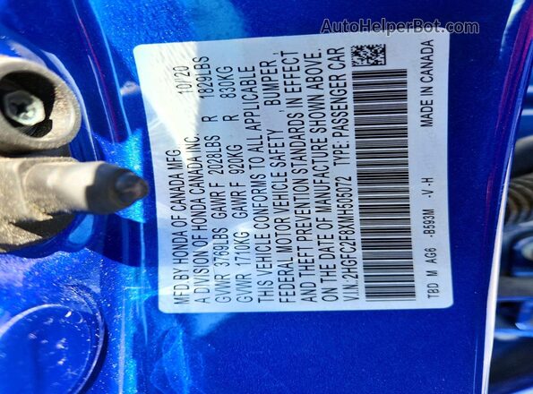 2HGFC2F8XMH505072 2021 HONDA CIVIC Blue Vista de la etiqueta del VIN