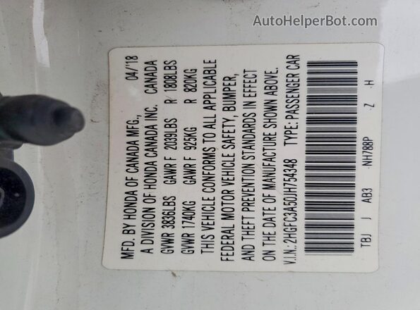 2HGFC3A50JH754348 2018 HONDA CIVIC White 