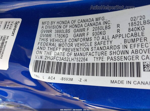 2HGFC3A52LH752264 2020 HONDA CIVIC Blue Engine compartment view