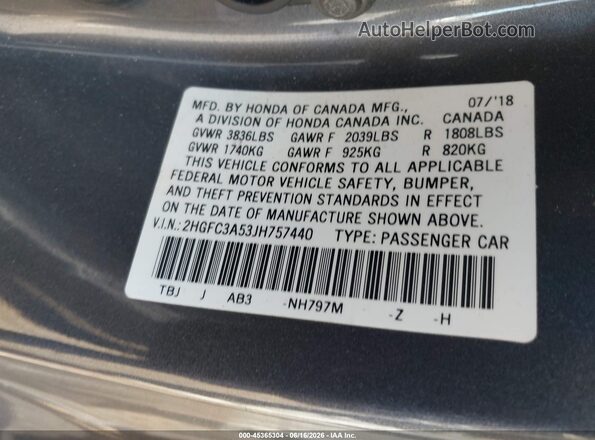 2HGFC3A53JH757440 2018 HONDA CIVIC Серый Вид подкапотного пространства