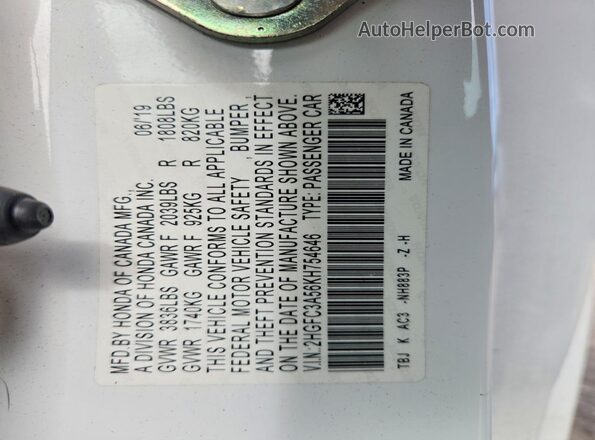 2HGFC3A56KH754646 2019 HONDA CIVIC White 