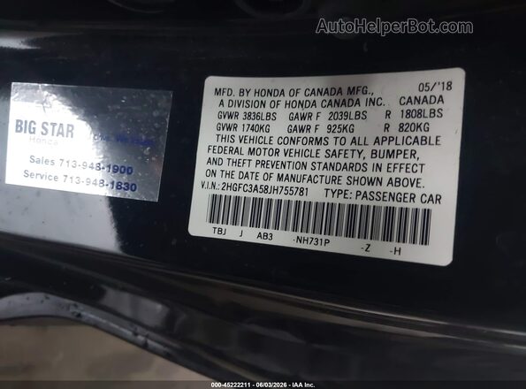 2HGFC3A58JH755781 2018 HONDA CIVIC Black Շարժիչի բաժամունքի տեսք