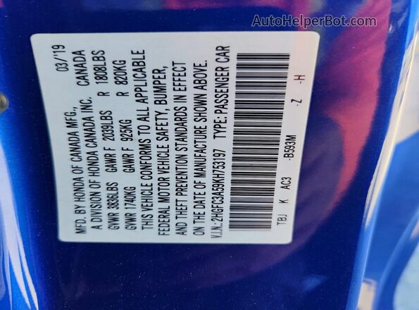 2HGFC3A59KH753197 2019 HONDA CIVIC Blue Vista del compartimento del motor