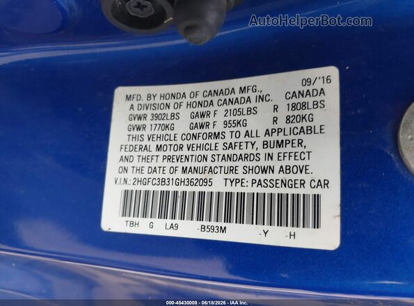 2HGFC3B31GH362095 2016 HONDA CIVIC Blue Widok komory silnika