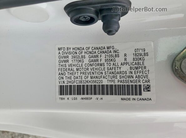 2HGFC3B32KH356220 2019 HONDA CIVIC White ძრავის განყოფილების ხედი