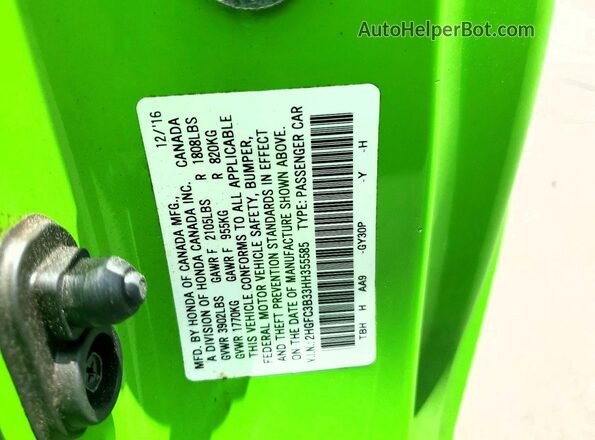 2HGFC3B33HH355585 2017 HONDA CIVIC Green Շարժիչի բաժամունքի տեսք