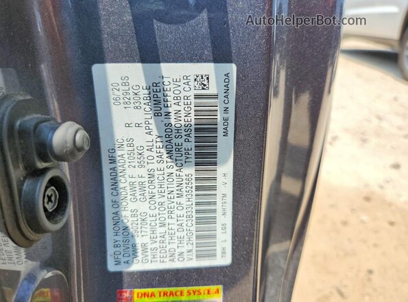 2HGFC3B33LH352565 2020 HONDA CIVIC Gray Widok naklejki z numerem VIN