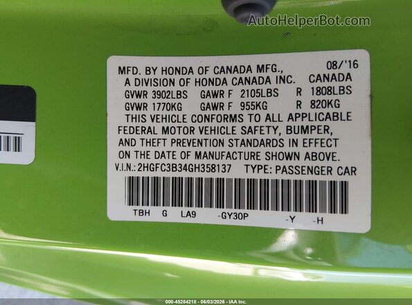 2HGFC3B34GH358137 2016 HONDA CIVIC Green ძრავის განყოფილების ხედი