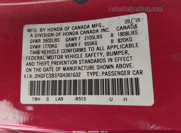 2HGFC3B37GH361632 2016 HONDA CIVIC Red ძრავის განყოფილების ხედი