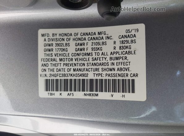 2HGFC3B37KH354902 2019 HONDA CIVIC Gray Widok komory silnika