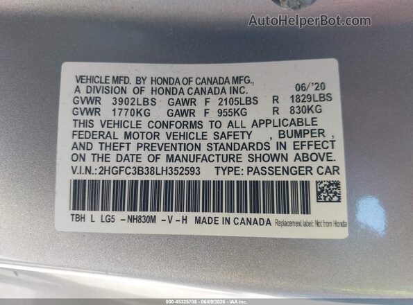 2HGFC3B38LH352593 2020 HONDA CIVIC Silver 