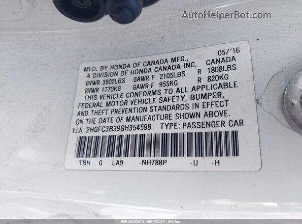 2HGFC3B39GH354598 2016 HONDA CIVIC White Engine compartment view