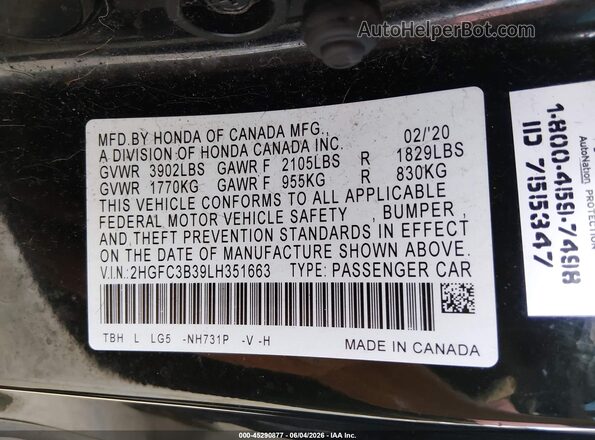 2HGFC3B39LH351663 2020 HONDA CIVIC Черный Вид подкапотного пространства